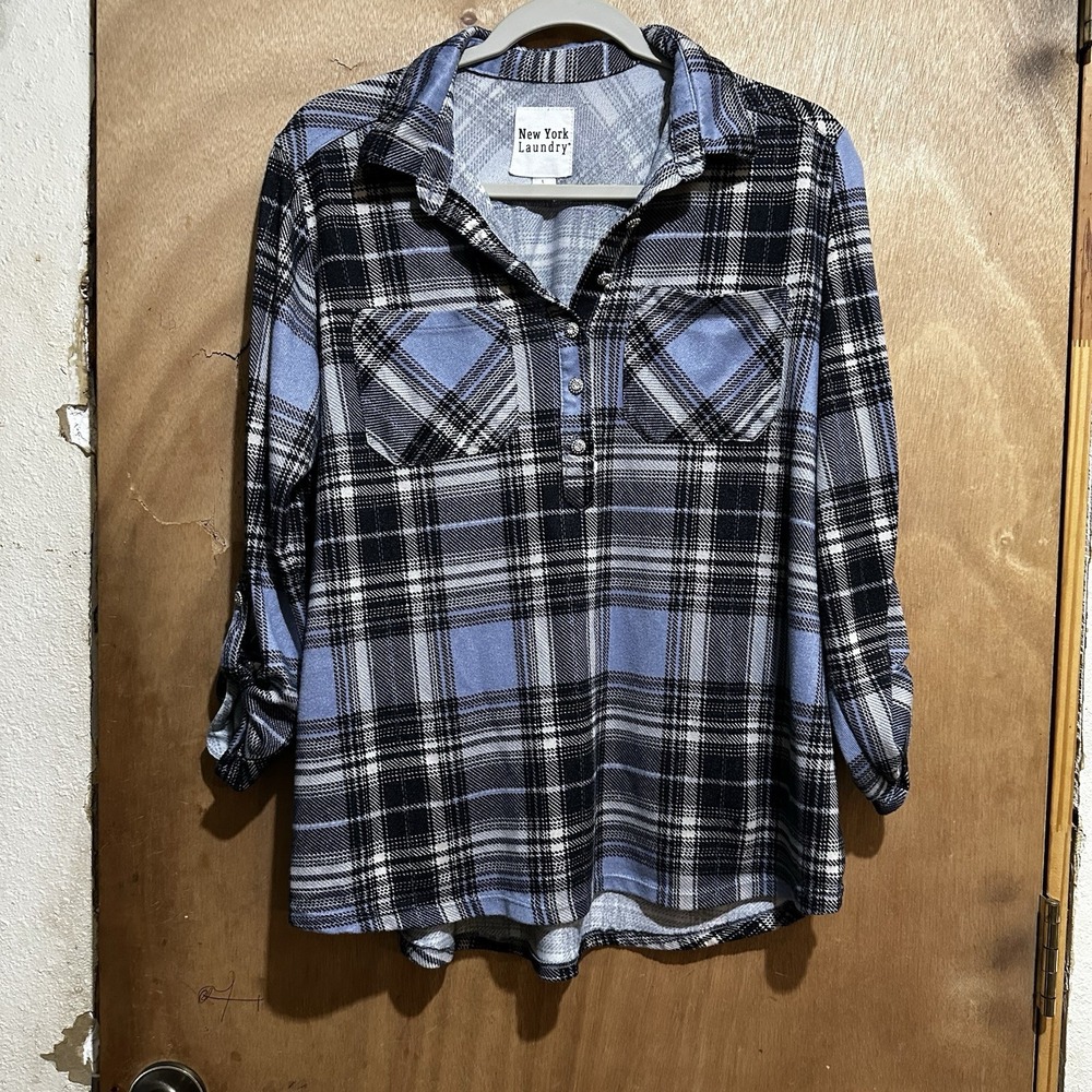 New York Laundry Women's Plaid Flannel Collared Roll Tab Blouse Pockets L